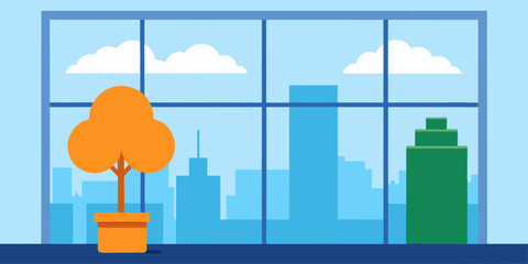 Obraz premium Cityscape vector illustration: urban skyline with buildings, factory, and green trees under a cloudy sky