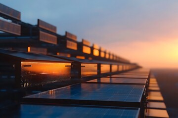 Captivating Sunset Reflection on Solar Panels with Glowing Sky and Elegant Architecture in Background
