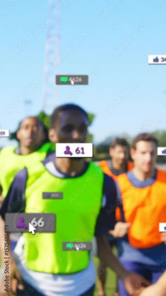 Poster running on field, athletes with animation of digital data and statistics overlay