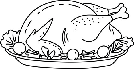Line Art Roast Chicken on Platter Vector with Vegetables and Herbs
