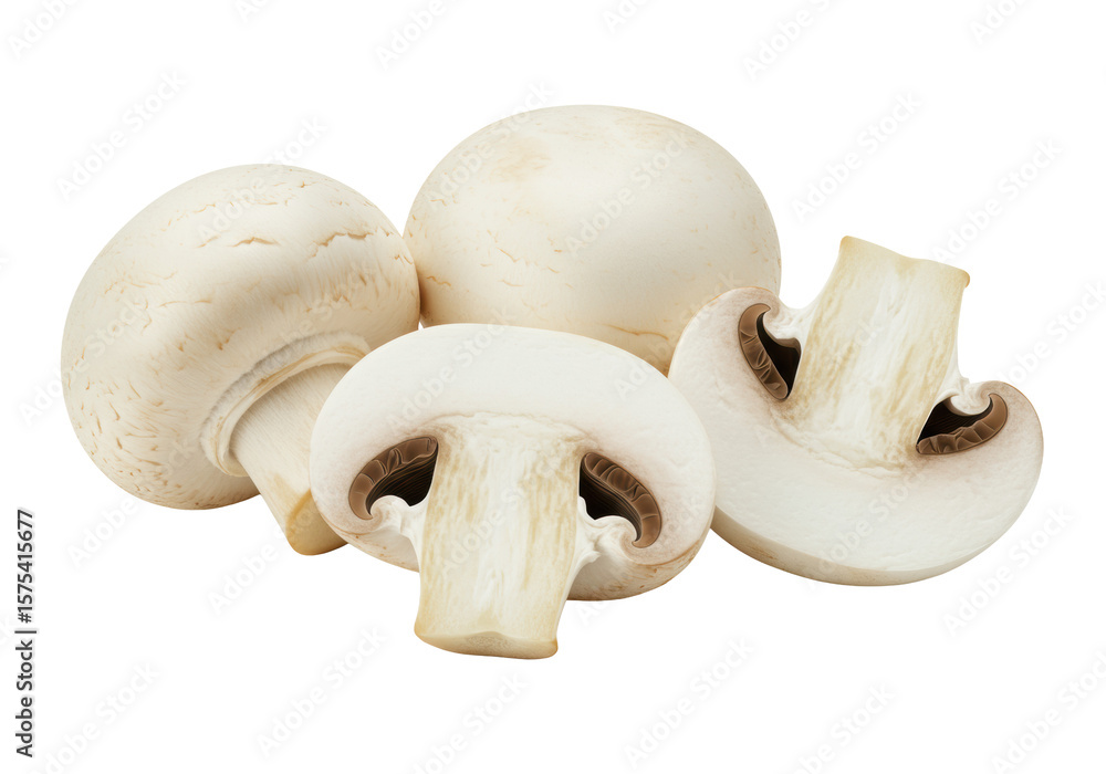 Poster three fresh white button mushrooms, two whole and one sliced revealing delicate gills, pristine on a