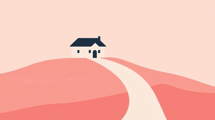 Simple cottage on a hill.  Pastel landscape