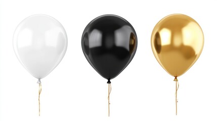 Three balloons in white, black, and gold