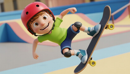 A cartoon boy performs a skateboarding trick at a skatepark, smiling.