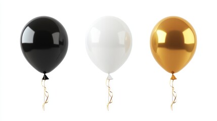 Three glossy balloons in black, white, and gold