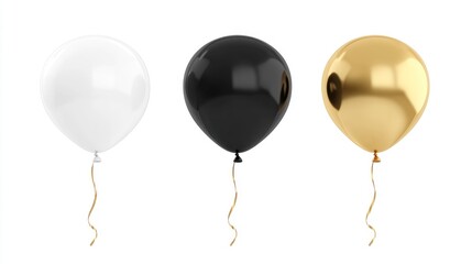 Three glossy balloons in white, black, and gold