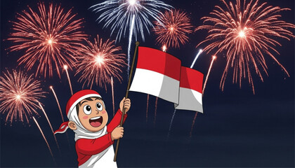 Cartoon boy waving Indonesian flags against a backdrop of colorful fireworks celebrating a national holiday.
