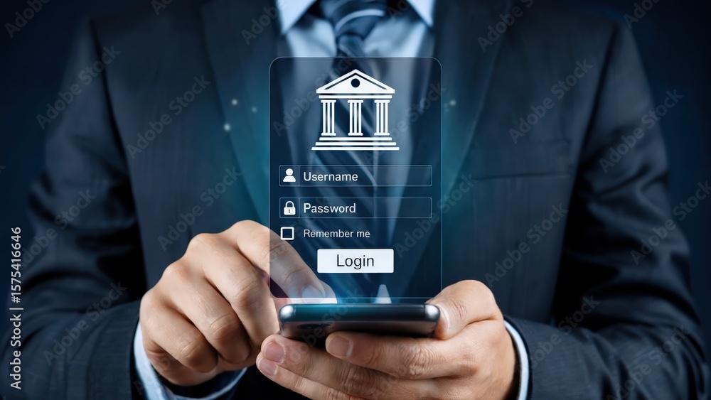 Poster online banking login screen displays on a mobile device being held by a man.