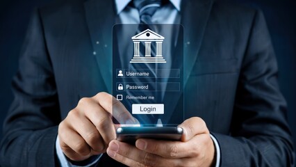 Online banking login screen displays on a mobile device being held by a man.