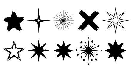 Childish crayon hand-drawn black star and sparkle doodle set with rough grunge brush stroke sketch style for collage, poster, sticker, or label design