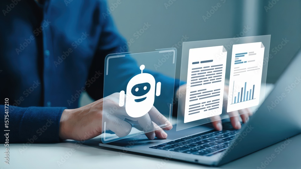 Poster using automation with a chatbot, the man works on his laptop to analyze data.