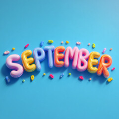 3D colorful plastic letters spelling “September” in vibrant blue hues. The playful and glossy letters stand out against a clean background, perfect for back-to-school themes, seasonal promotions, cale
