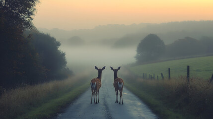 Deer on the country road at dusk and fog