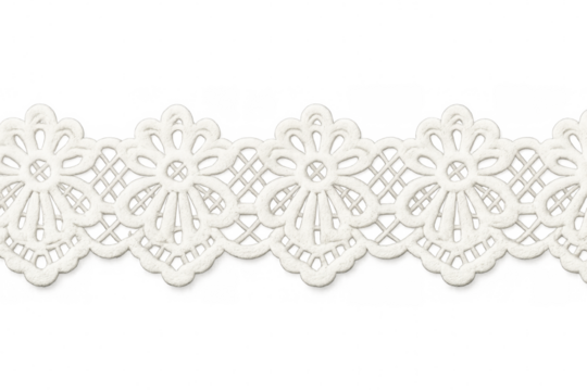 White lace ribbon with floral pattern creating an elegant and decorative border on a transparent background