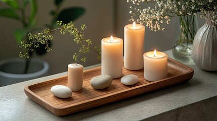Serene spa scene with candles and stones on wooden tray promoting mindfulness and mental well-being.