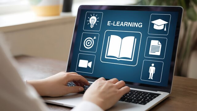 E learning concept displayed on a laptop screen by person typing easily at home.