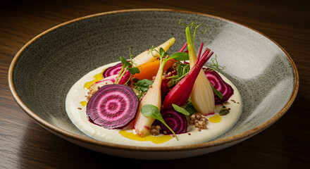 Microgreen salad with concentric beets and colorful root garnishes