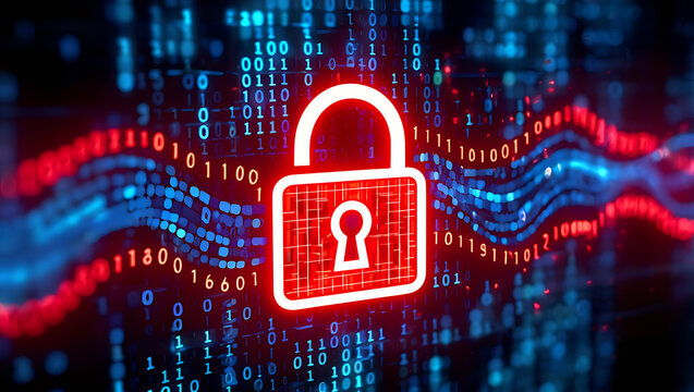 Red glowing padlock icon on digital binary code background