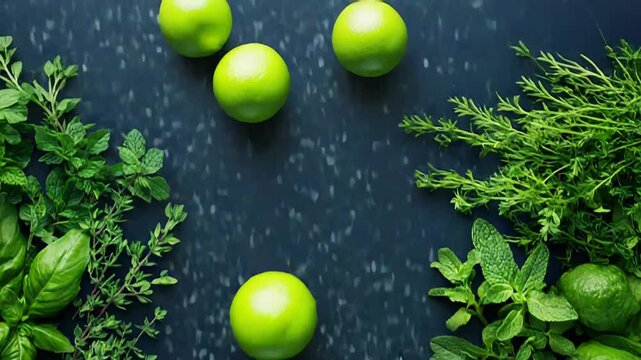 Fresh herbs and citrus fruits creating a vibrant border on dark background