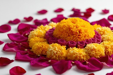 Circular flower arrangement with roses marigolds and red petals on a white surface