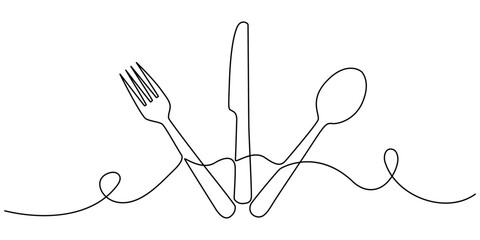 Continuous one line drawing of restaurant logo. knife, fork and spoon. Black and white vector, Silverware Continuous Line Icon, Spoon, knife and fork one continuous line art drawing, one continuous