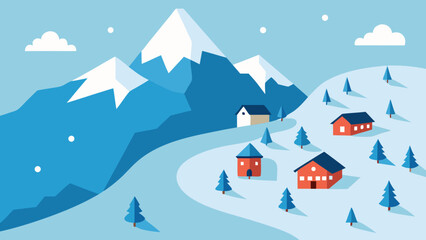 A festive Christmas winter landscape illustration featuring a snow-covered village and cozy homes nestled among frosted trees under a starry night sky