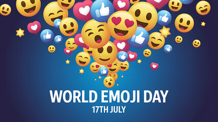 World Emoji Day celebration with floating emojis and text
