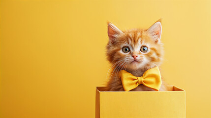 Adorable birthday gift of a cute kitten in a yellow gift box, wearing a bright bow tie. Perfect for celebrating love, companionship, and joy in pet ownership.