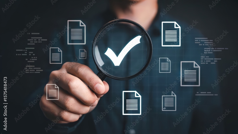 Poster man holds magnifying glass with checkmark for document review process