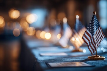 Close up of a table with mini US flags and name cards bokeh lights are blurred in the background