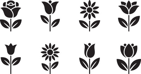 Flower Icon Set &ndash; Black Silhouette Floral Symbols Collection