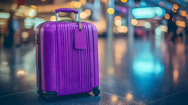 Explore the essentials of travel a stylish purple suitcase ready for your next adventure with a luggage tag
