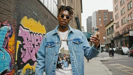 Young man posing near graffiti wall in a new york city street