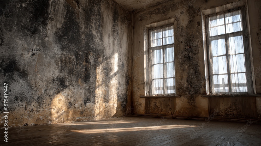Poster sunlight streams into a dilapidated room with peeling plaster and two tall windows. use for backgrou
