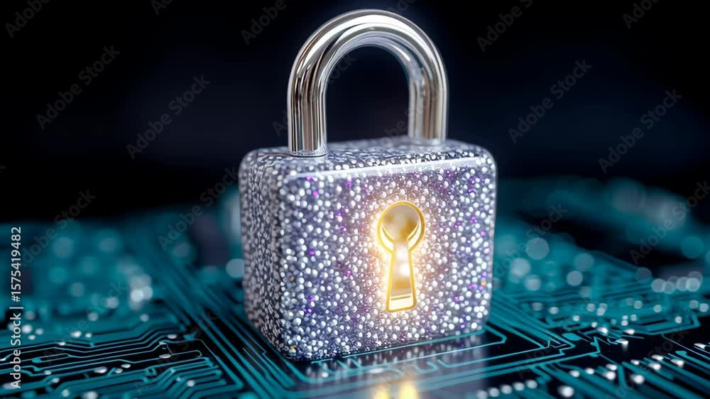 Poster shimmering padlock with glowing keyhole on circuit board symbolizes security and protection in digit
