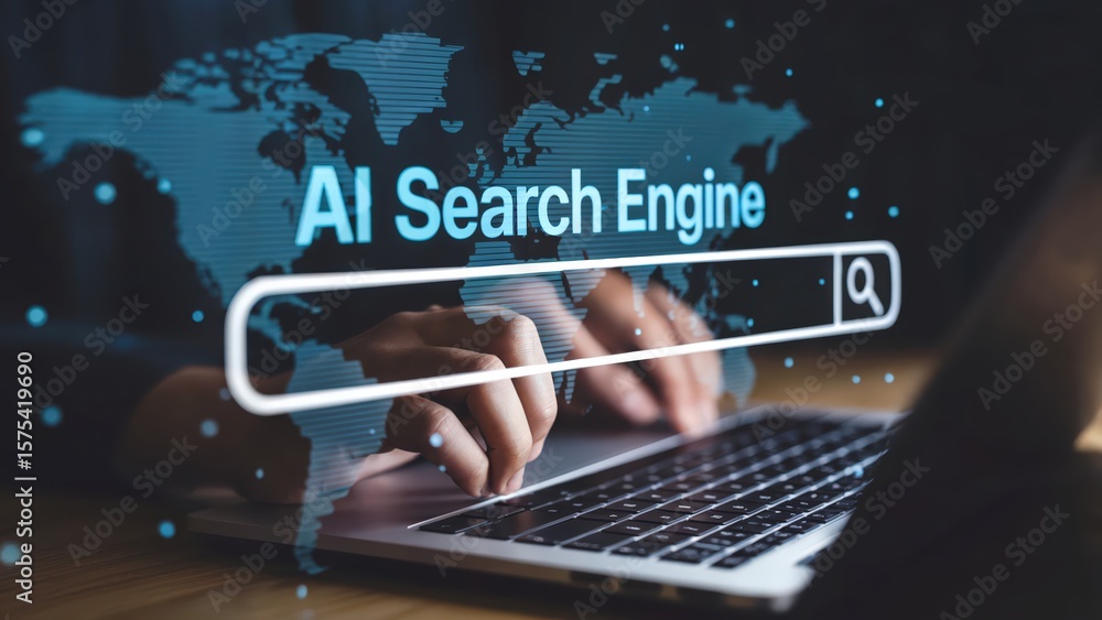 Poster person uses ai search engine on a laptop with map background displayed.