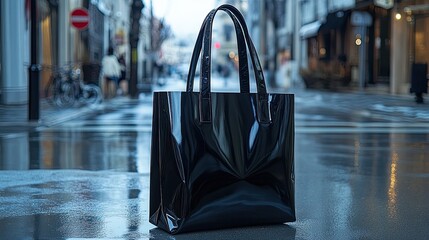 Obraz premium Sleek Black Shopping Bag with Glossy Finish and Sturdy Handles for Stylish Daily Use