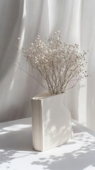 Dried Gypsophila in Ceramic Vase Decorate with Soft Sunlight and Shadow Aesthetic