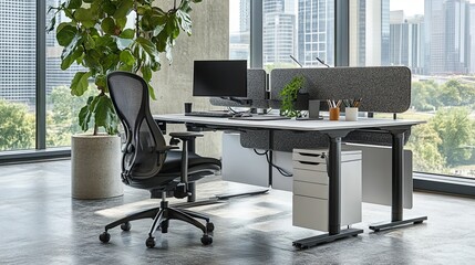 Sleek modern desk with plant in a minimalist workspace highlighting connectivity, flexibility, and style.