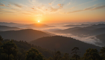 Obraz premium A scenic sunrise over misty hills, layers of mountains fading into the horizon, golden light, peaceful nature concept – ultra-clear and high-detail 