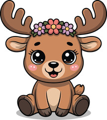 Obraz premium Cute Cartoon Deer with Flower Crown