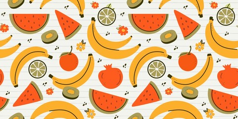 Seamless pattern of summer fruits: banana, watermelon, avocado, lemon. Delicious berry, natural food. Flat, linear design in a minimalist style. art cartoon background for print, textile, paper.