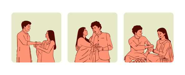 Brother and sister, Sibling hand-drawn vector illustration set for Raksha Bandhan festival. 