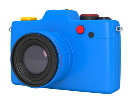 Detailed 3D illustration of a simple blue camera with a prominent lens, featuring vib - Powered by Adobe