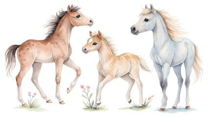 set of watercolor young horses foal illustration