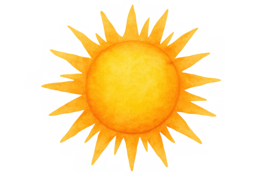 Watercolor yellow sun glowing brightly, radiating warmth against transparent backdrop, artistic illustration with vivid solar energy