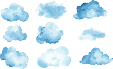 Watercolor Cloud Collection in Blue Tones on White Background for Design Projects