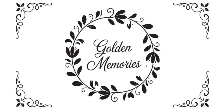 Golden memories text inside a floral wreath with decorative corner elements on a white background