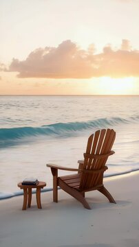 Beach sunset view with wooden chair and table, books resting. Soft waves meet sand under a pastel sky