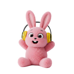 Pink Plush Bunny with Headphones isolated on transparent baackground